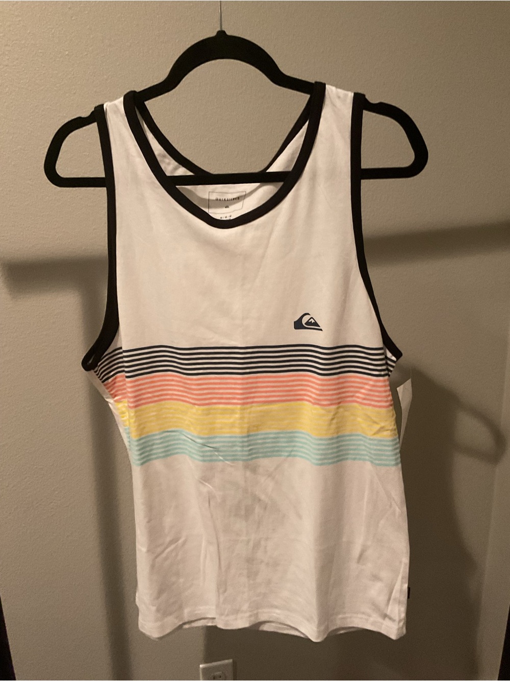 Quiksilver White Tank with Black Trim and Pastel Stripes